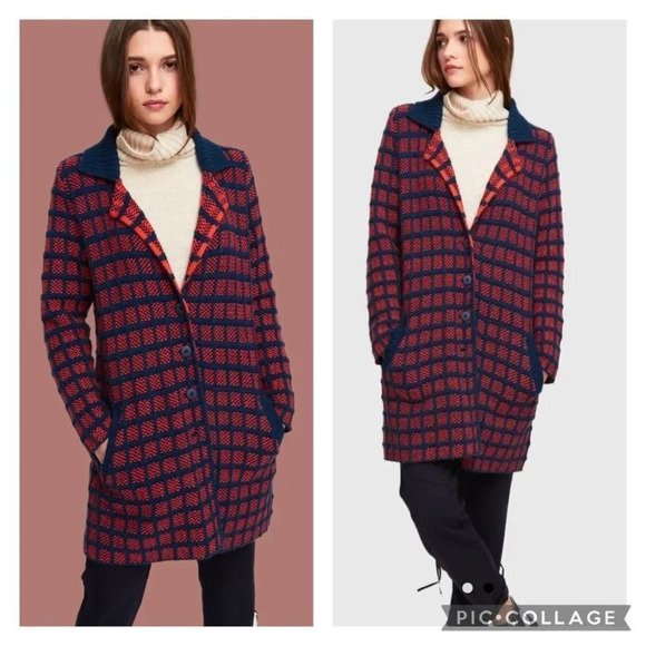 Aldomartins Collared Windowpane Check Knit Wool Blend Sweater Coat Red 14 Kanda - Picture 1 of 9